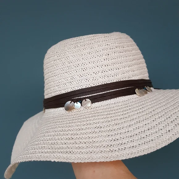 OFF WHITE COLUMBINO BOHO WITH ABALONE DRIP RAFIA PAPER TREE FLOPPY SUMMER HAT - Picture 6 of 9